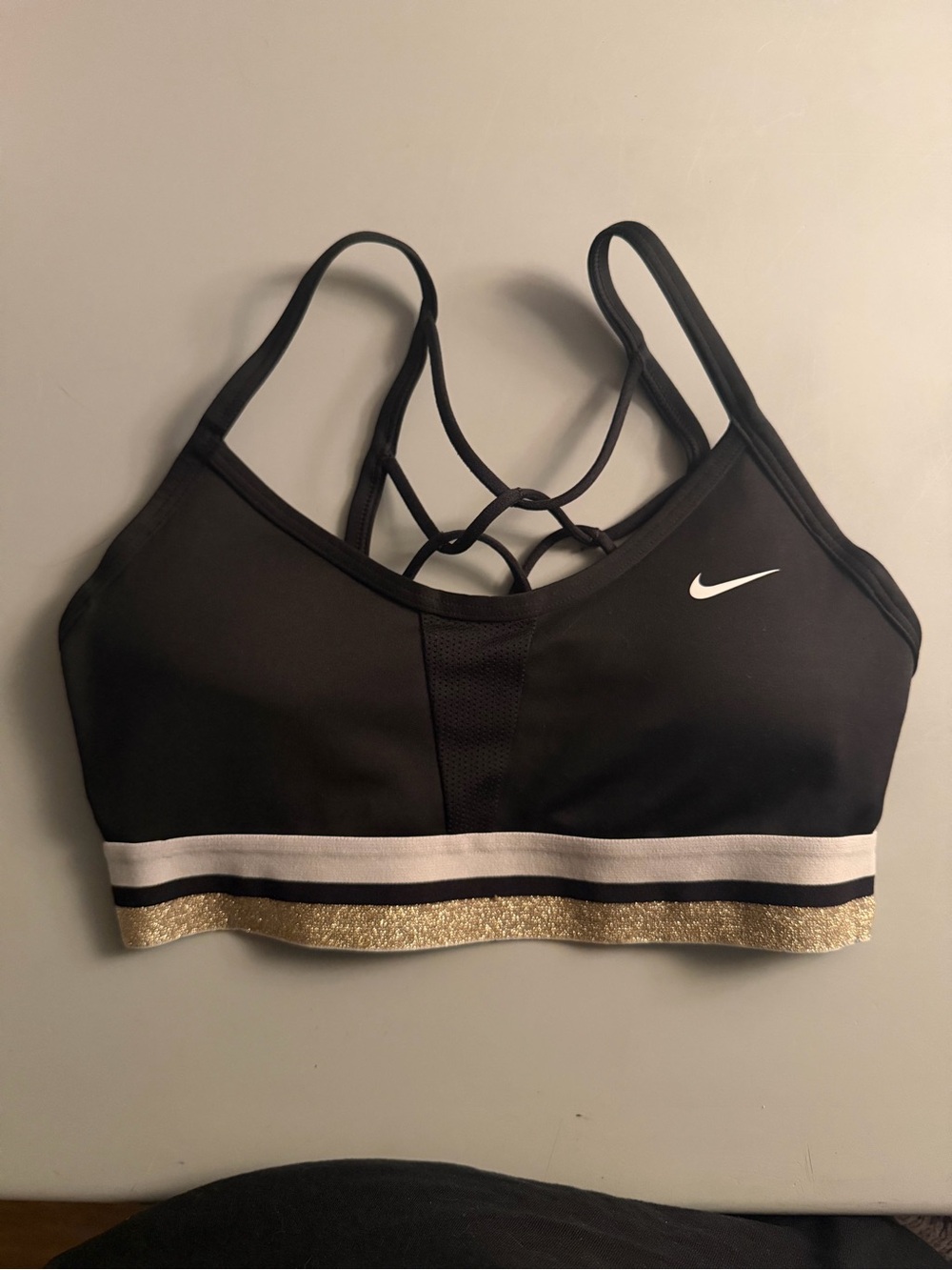 Nike Black Sports Bra with White Stripe and Gold Band